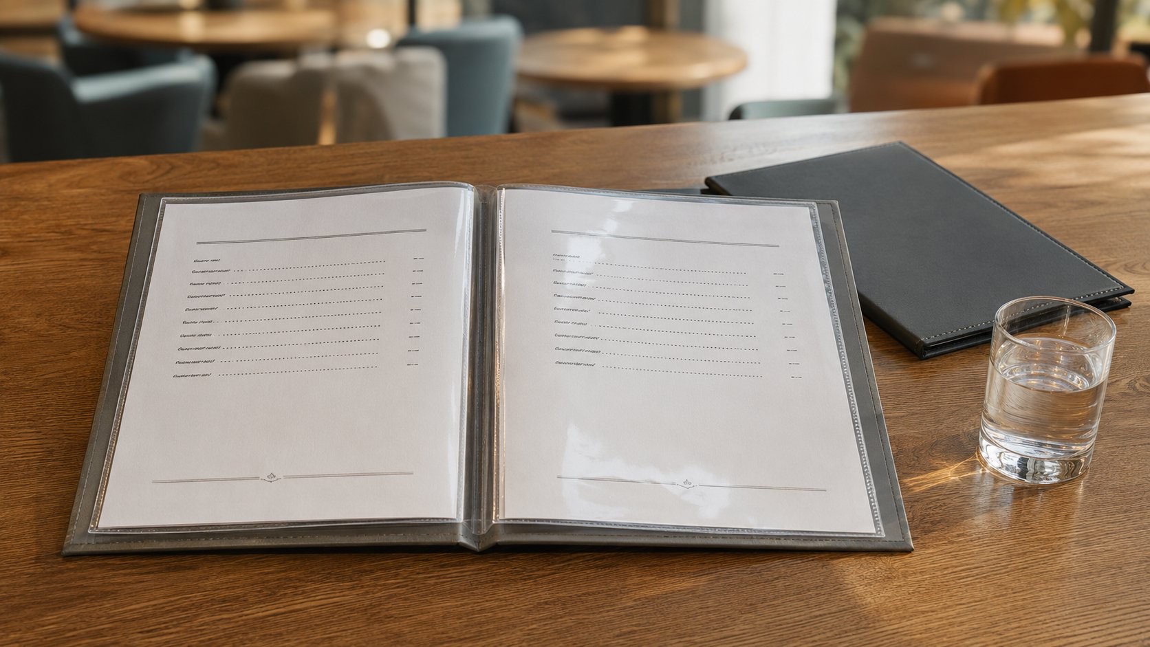 Otvoren restoranski jelovnik sa papirnim cenovnikom umetnutim u providne PVC džepove.